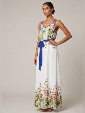 Hello Miss Spaghetti Strap Wearable Art Maxi Dress / Sz S / Off white, floral